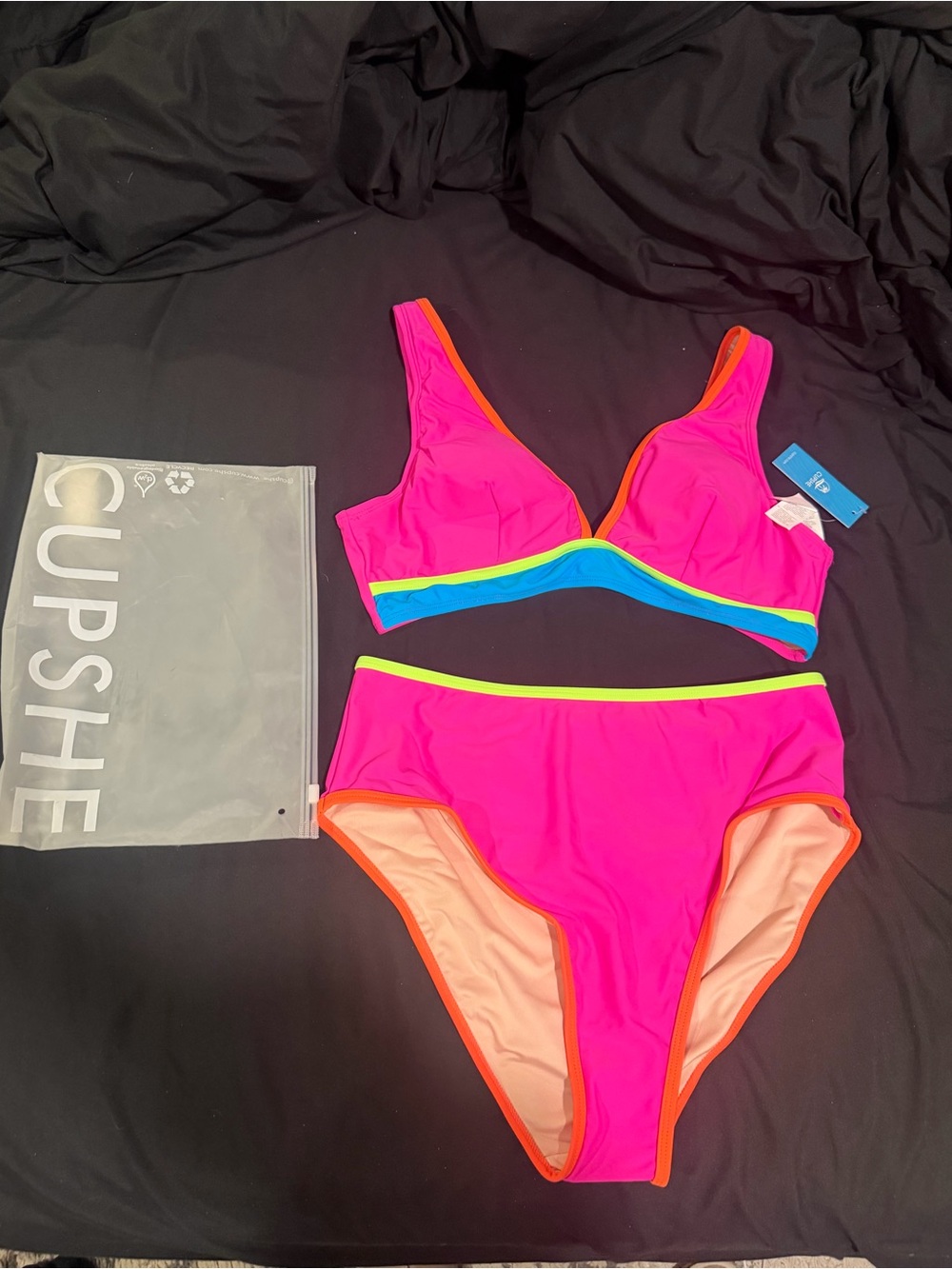 Cupshe Neon Colorblock Bikini Top and High Waisted Bottoms Size L NWT - Picture 2 of 11